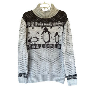 Christmas Penguin Sweater Women Large Gray Snowflakes Holiday Cross Stitch